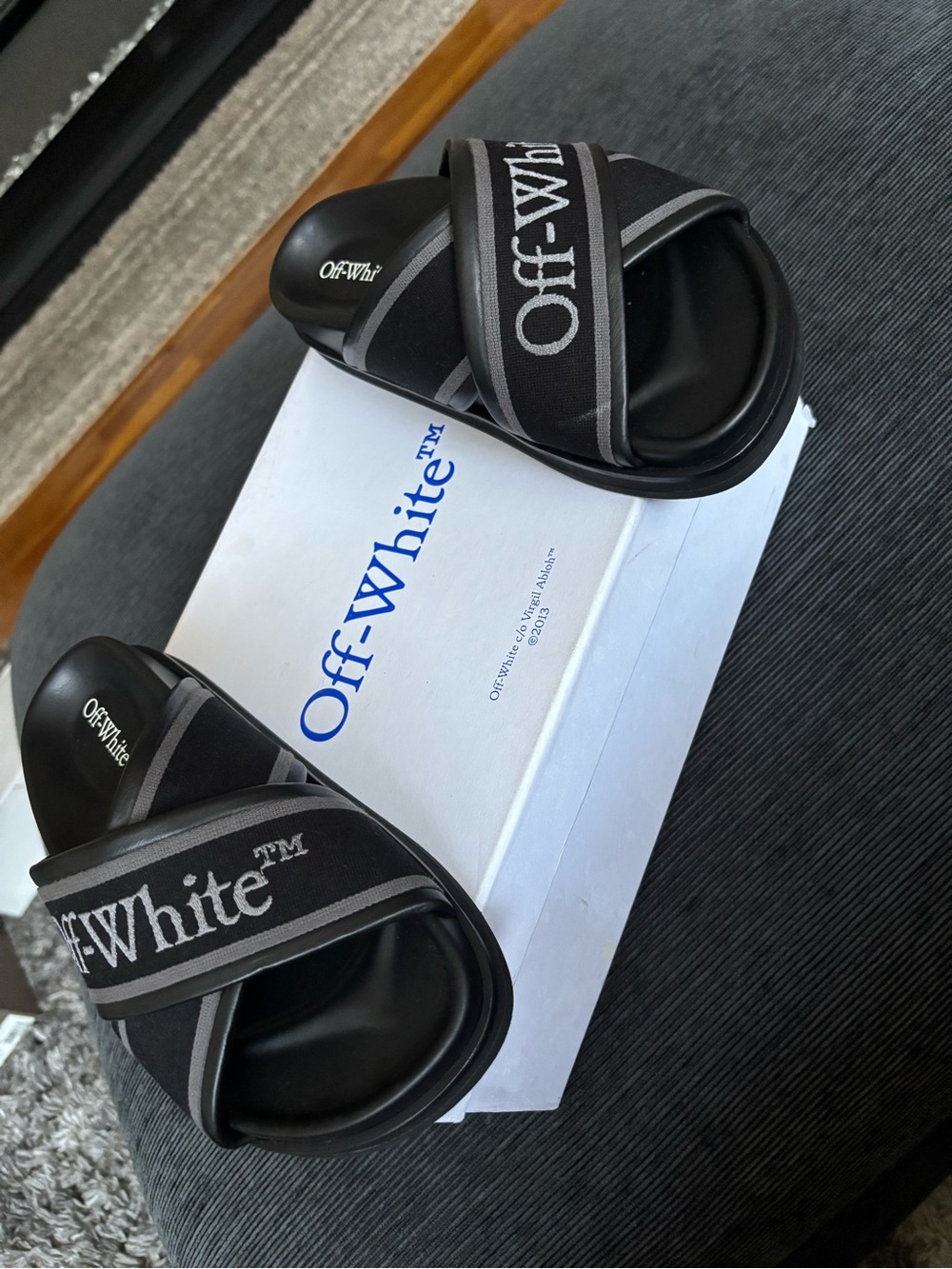 Off-White Black and Gray Cross-Strap Logo Slides